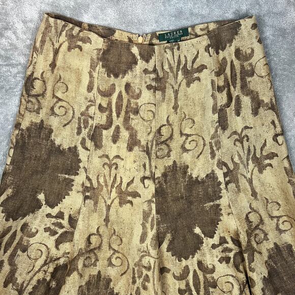 Ralph Lauren Midi Skirt Womens 8P 100% Linen Brown Floral Peasant Boho - Picture 2 of 8